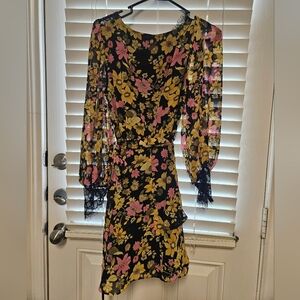 Floral Black and Yellow Dress With Lace Detail